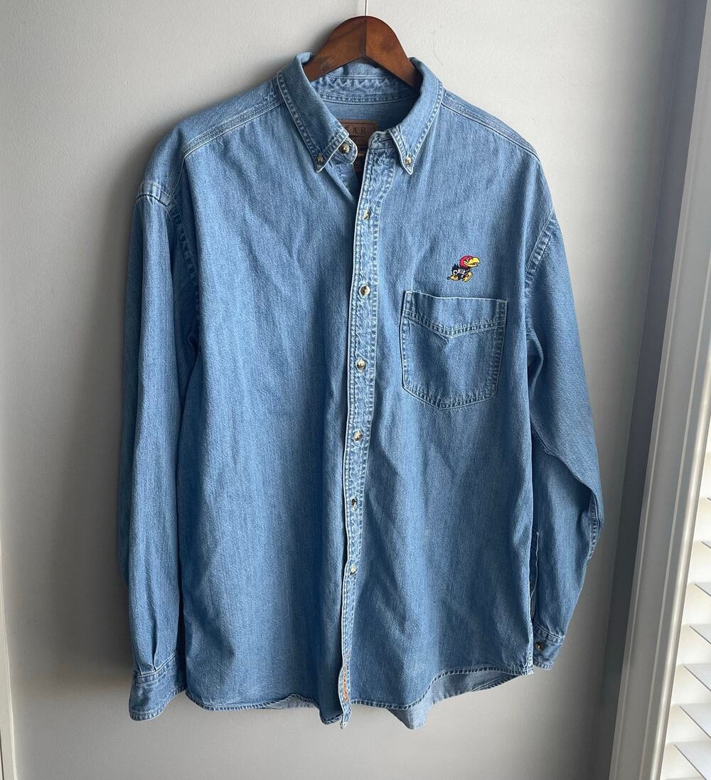 Vintage Denim Button Down 100% cotton Shirt Embroidered KU Jayhawk sz XL